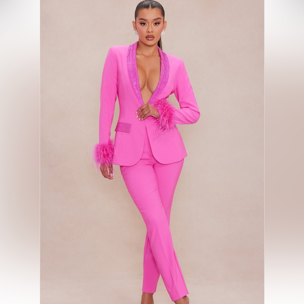 Clarissa Embellished Feather Blazer Suit Set - Hot Pink